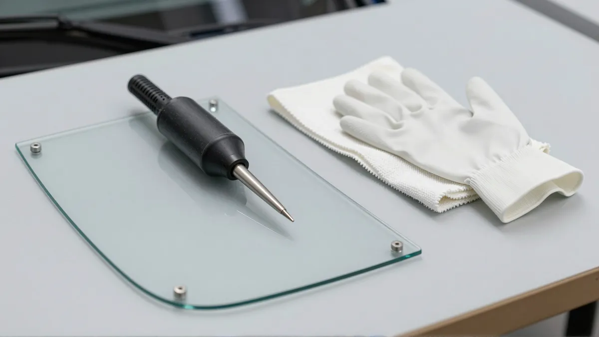 Werkzeuge und Materialien fuer die Autoglasreparatur liegen auf einer Werkbank