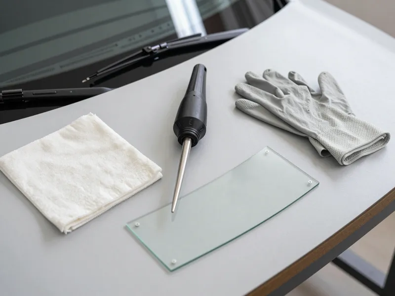 Werkzeuge und Materialien fuer die Autoglasreparatur liegen auf einer Werkbank