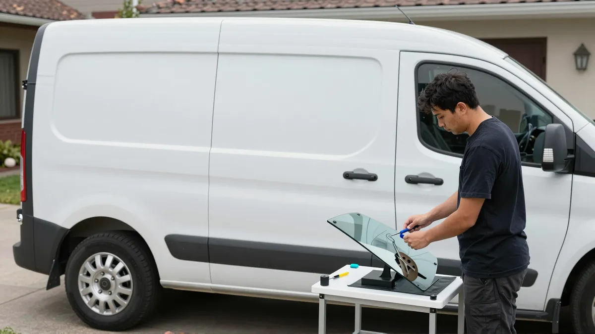 Werkzeuge und Materialien fuer die Autoglasreparatur liegen auf einer Werkbank