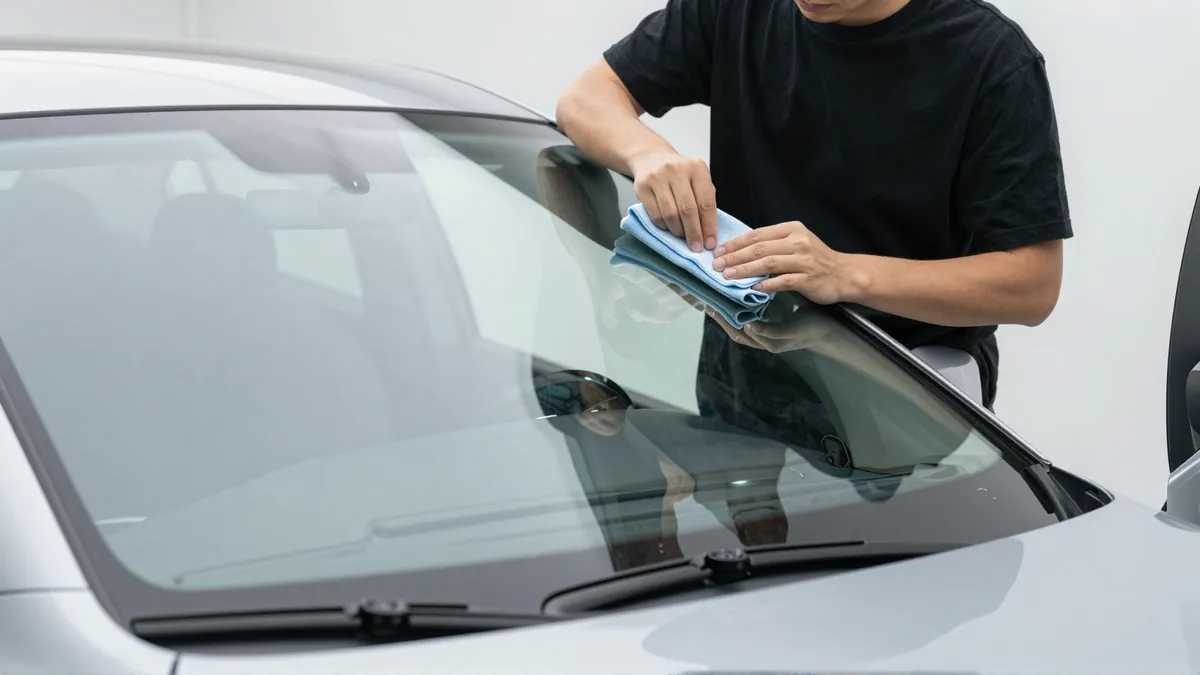 Werkzeuge und Materialien fuer die Autoglasreparatur liegen auf einer Werkbank