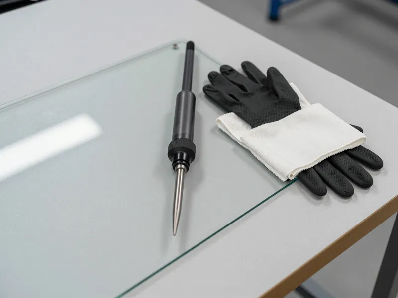Werkzeuge und Materialien fuer die Autoglasreparatur liegen auf einer Werkbank