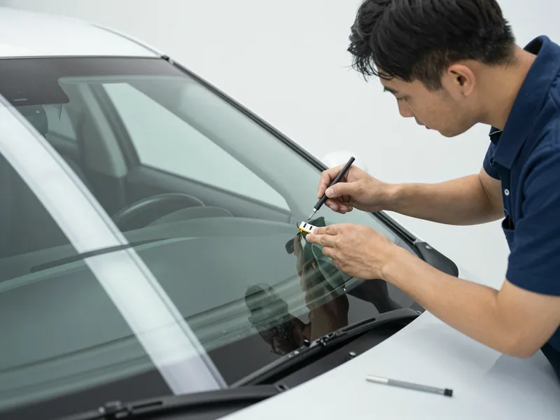 Werkzeuge und Materialien fuer die Autoglasreparatur liegen auf einer Werkbank