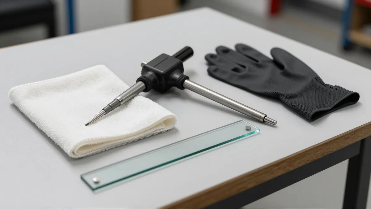 Werkzeuge und Materialien fuer die Autoglasreparatur liegen auf einer Werkbank