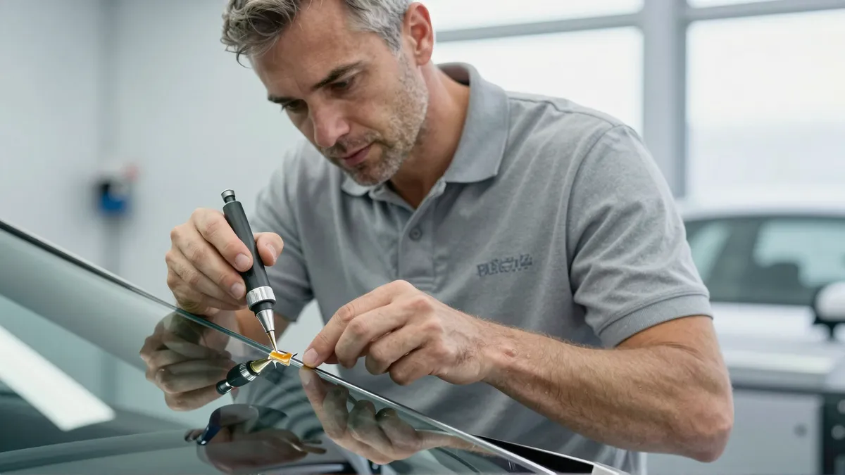 Ein Glastechniker repariert mit klarem Harz einen kleinen Sternriss in einer Windschutzscheibe in einer Werkstatt.