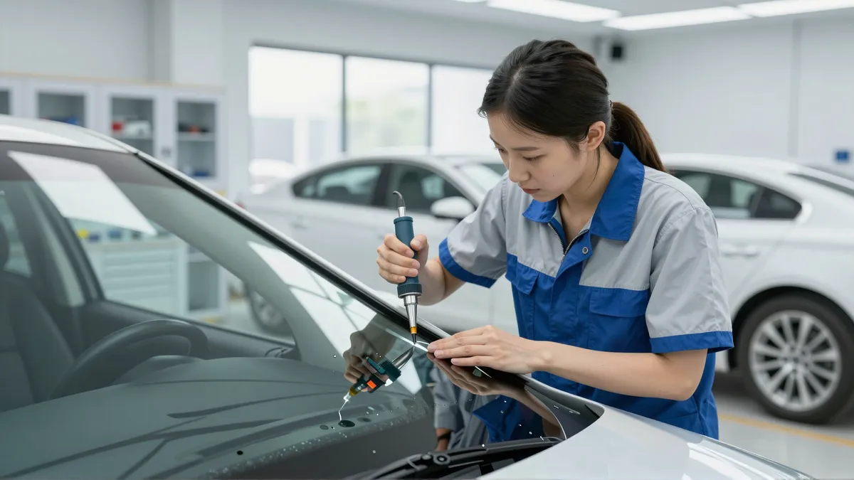Eine Technikerin führt mit einem Spezialwerkzeug eine präzise Reparatur an der Windschutzscheibe eines Autos durch.