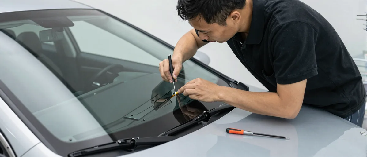 Werkzeuge und Materialien fuer die Autoglasreparatur liegen auf einer Werkbank