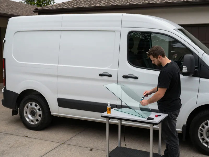 Werkzeuge und Materialien fuer die Autoglasreparatur liegen auf einer Werkbank