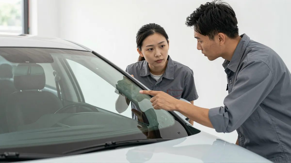 Ein Autoglas-Berater erklaert einem Kunden die Reparatur an einer Autoscheibe