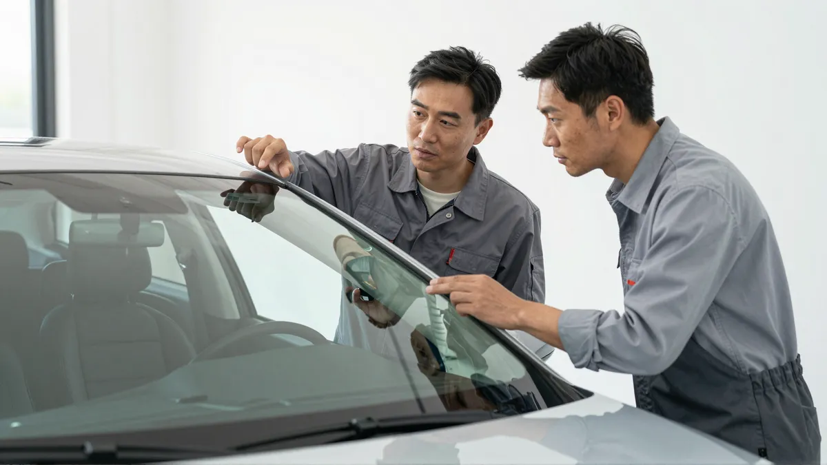 Ein Autoglas-Berater erklaert einem Kunden die Reparatur an einer Autoscheibe