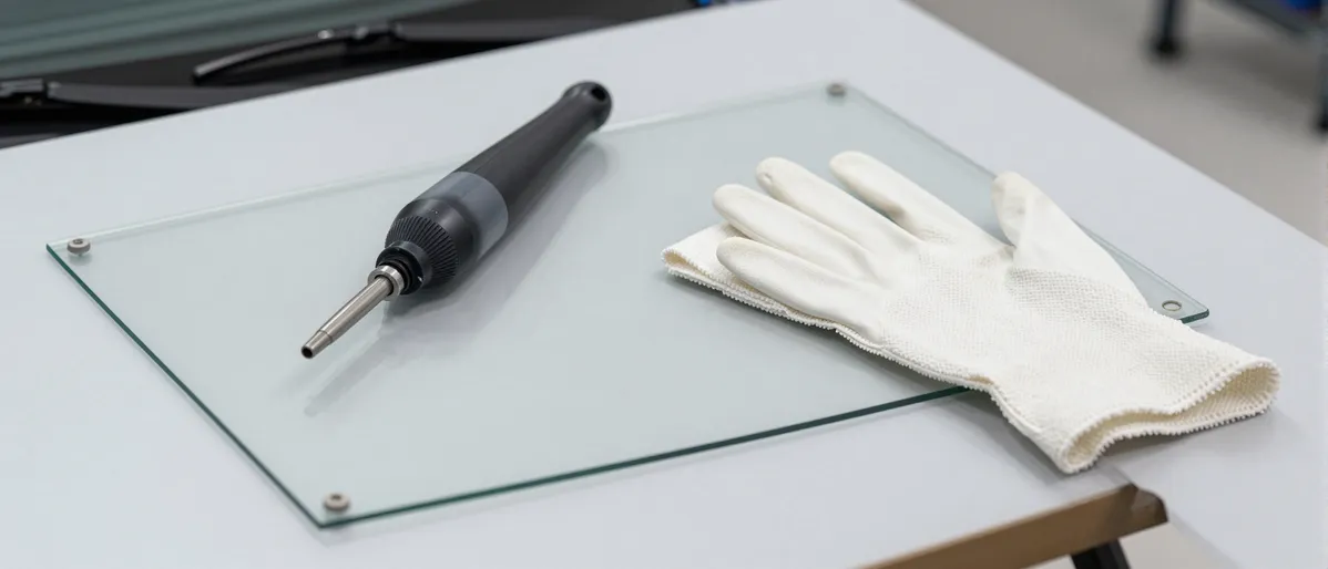 Werkzeuge und Materialien fuer die Autoglasreparatur liegen auf einer Werkbank