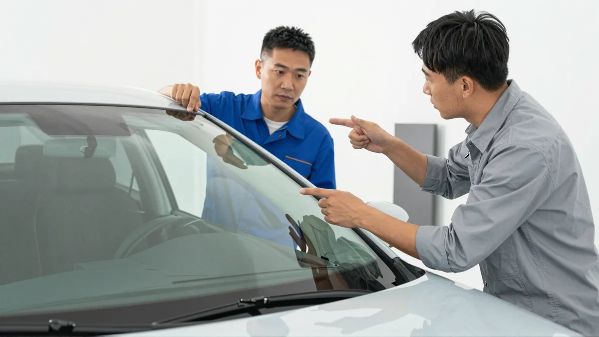 Ein Autoglas-Berater erklaert einem Kunden die Reparatur an einer Autoscheibe