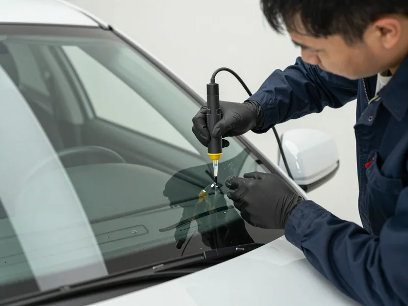 Werkzeuge und Materialien fuer die Autoglasreparatur liegen auf einer Werkbank