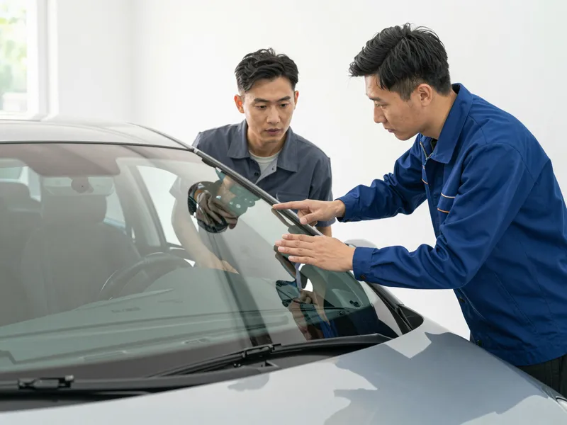 Ein Autoglas-Berater erklaert einem Kunden die Reparatur an einer Autoscheibe