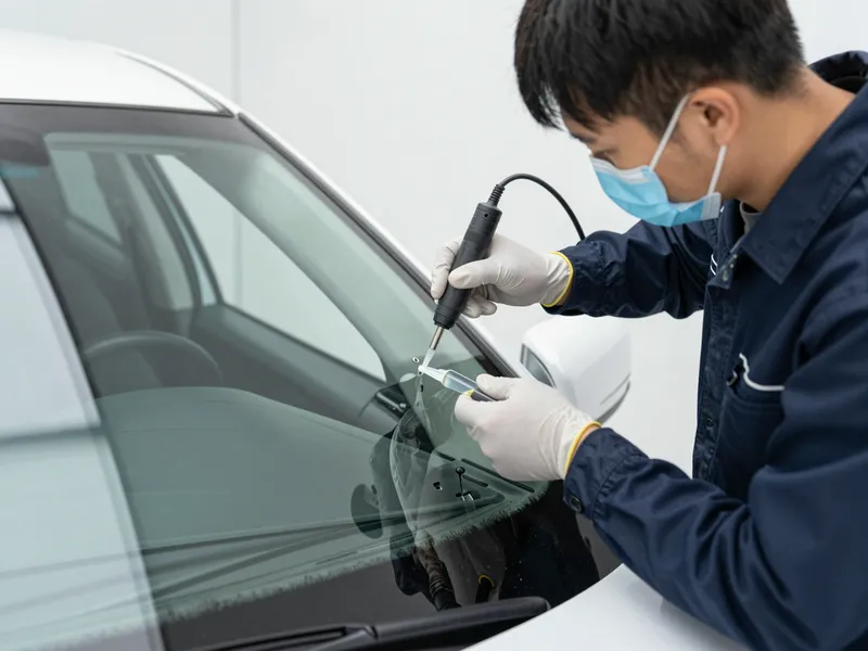 Werkzeuge und Materialien fuer die Autoglasreparatur liegen auf einer Werkbank