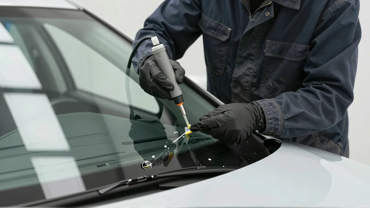 Werkzeuge und Materialien fuer die Autoglasreparatur liegen auf einer Werkbank