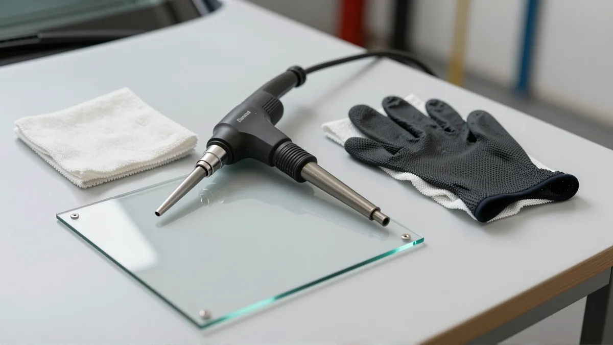 Werkzeuge und Materialien fuer die Autoglasreparatur liegen auf einer Werkbank