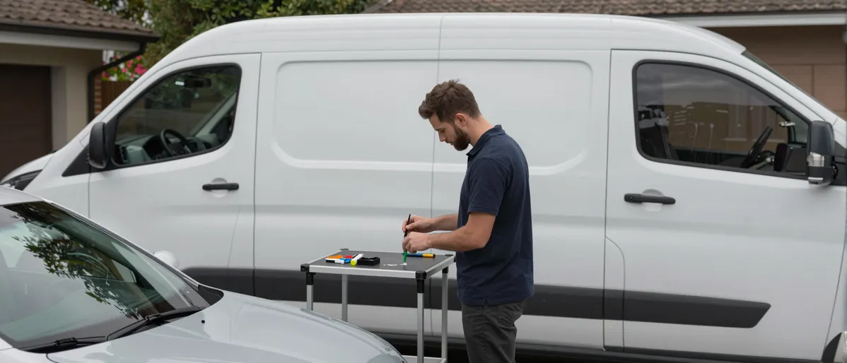 Werkzeuge und Materialien fuer die Autoglasreparatur liegen auf einer Werkbank