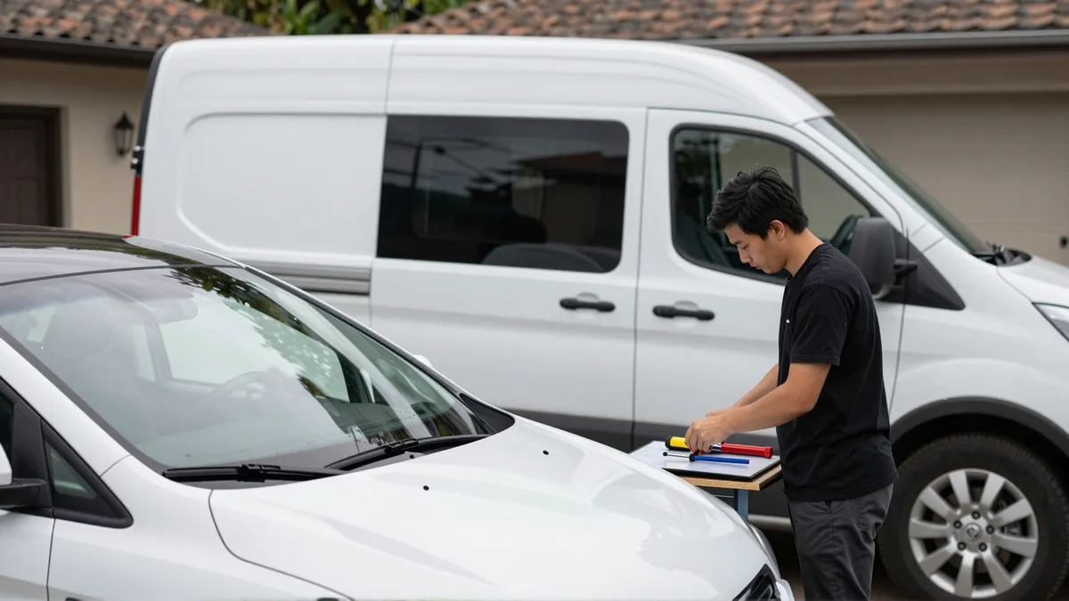 Werkzeuge und Materialien fuer die Autoglasreparatur liegen auf einer Werkbank