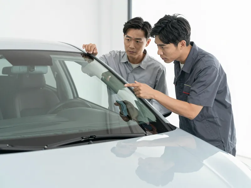 Ein Autoglas-Berater erklaert einem Kunden die Reparatur an einer Autoscheibe