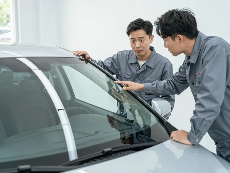 Ein Autoglas-Berater erklaert einem Kunden die Reparatur an einer Autoscheibe