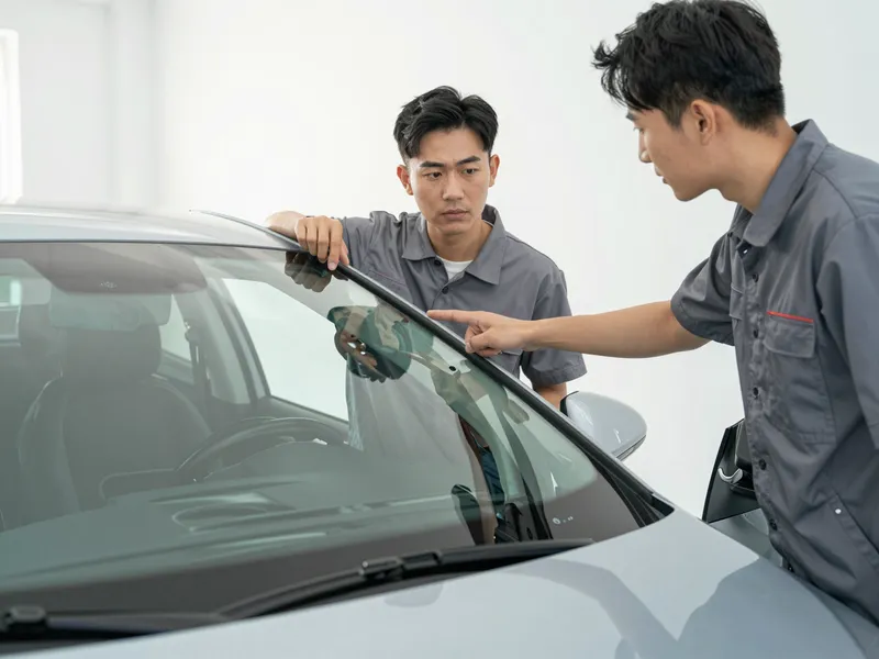 Ein Autoglas-Berater erklaert einem Kunden die Reparatur an einer Autoscheibe