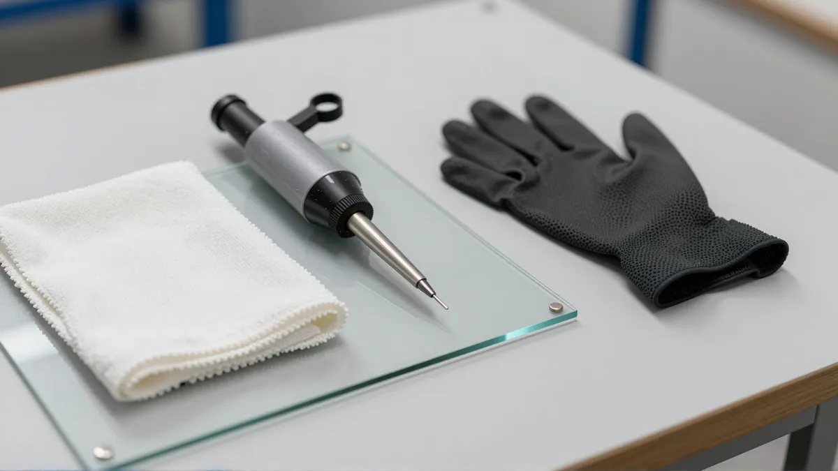 Werkzeuge und Materialien fuer die Autoglasreparatur liegen auf einer Werkbank
