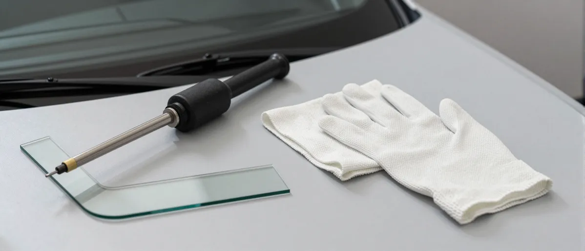 Werkzeuge und Materialien fuer die Autoglasreparatur liegen auf einer Werkbank