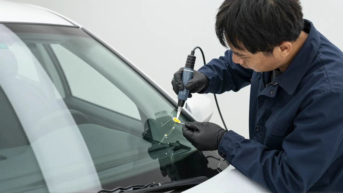 Werkzeuge und Materialien fuer die Autoglasreparatur liegen auf einer Werkbank