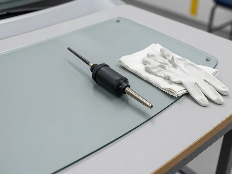 Werkzeuge und Materialien fuer die Autoglasreparatur liegen auf einer Werkbank