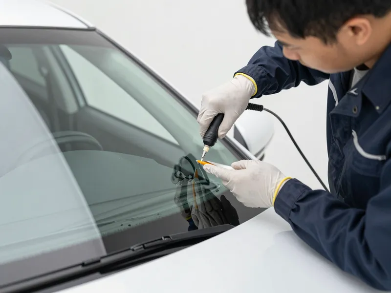 Werkzeuge und Materialien fuer die Autoglasreparatur liegen auf einer Werkbank