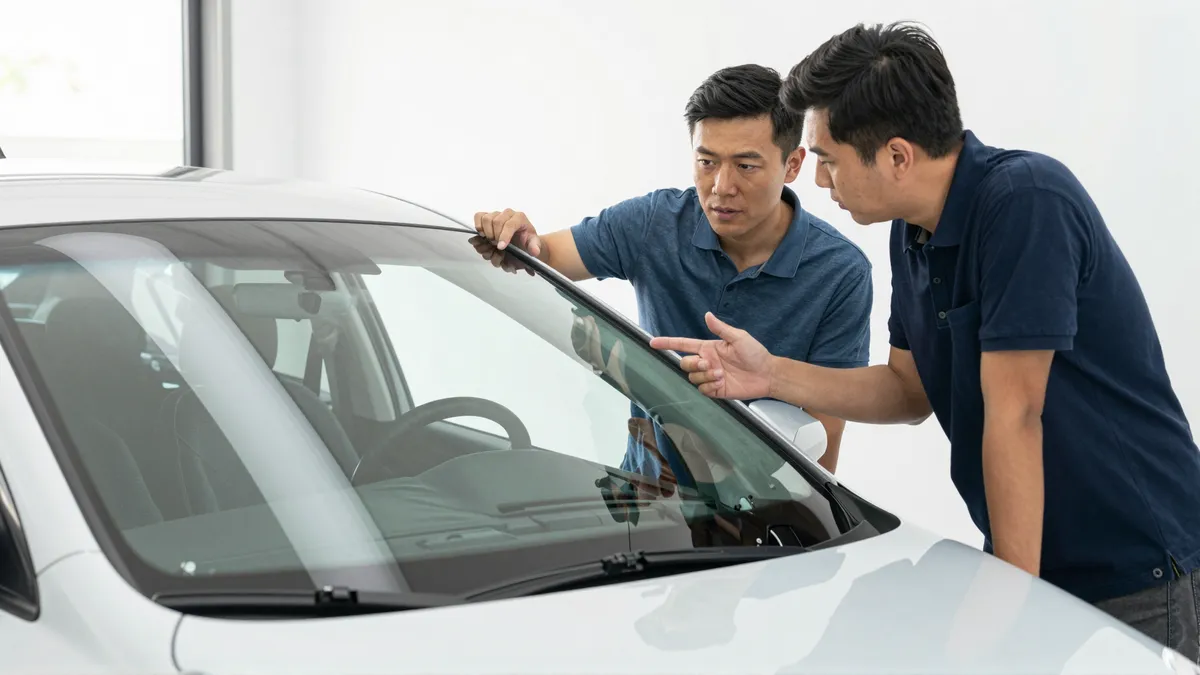 Ein Autoglas-Berater erklaert einem Kunden die Reparatur an einer Autoscheibe