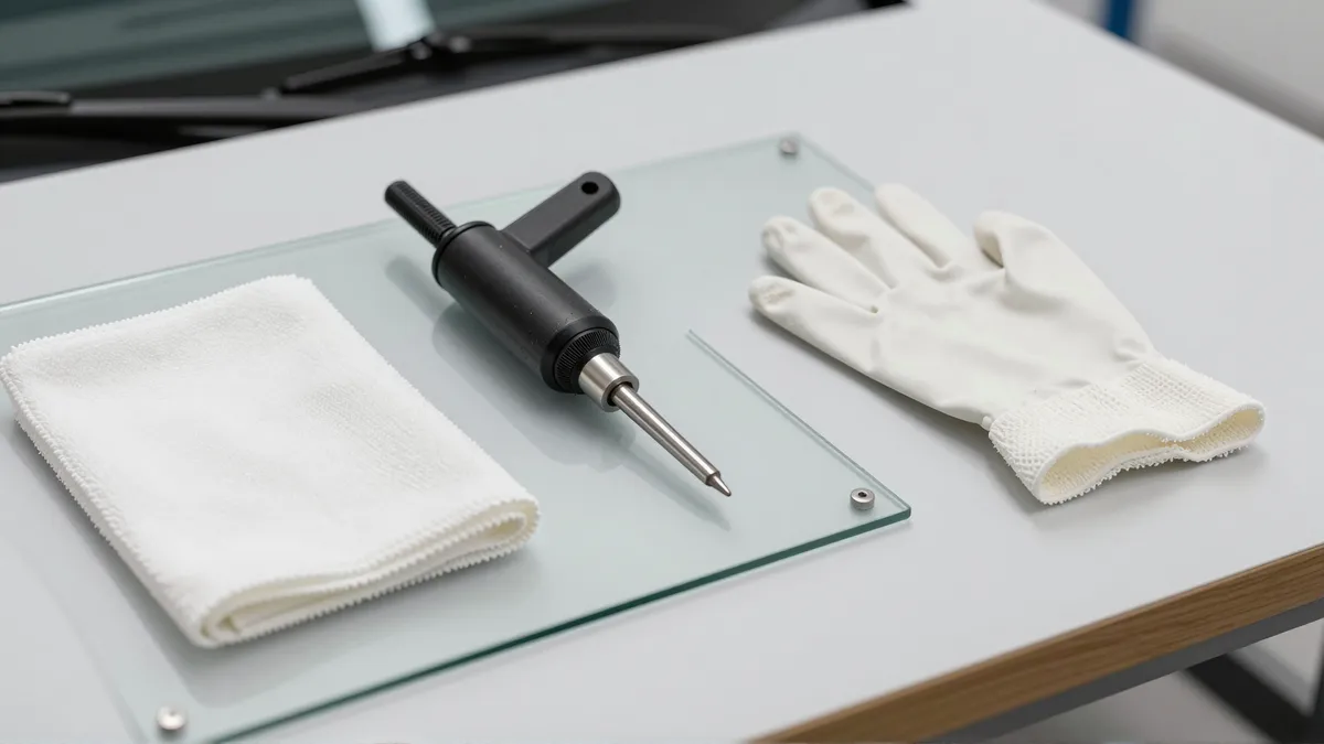 Werkzeuge und Materialien fuer die Autoglasreparatur liegen auf einer Werkbank