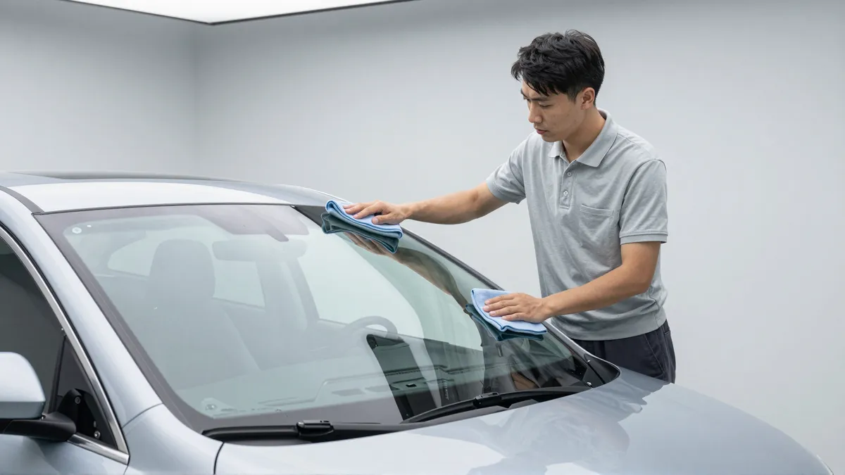 Ein Autoglastechniker prüft die frische Windschutzscheibe eines silbernen Autos in einer sauberen Werkstatt.