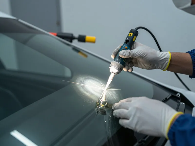 Hand in Arbeitshandschuh füllt klaren Harz in einen sternförmigen Riss einer Autoscheibe.