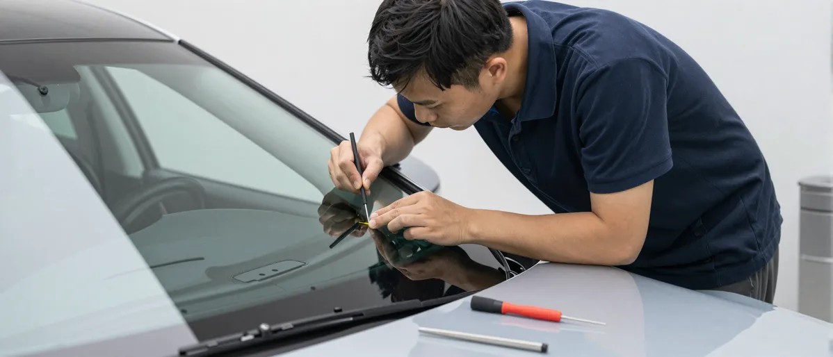 Werkzeuge und Materialien fuer die Autoglasreparatur liegen auf einer Werkbank