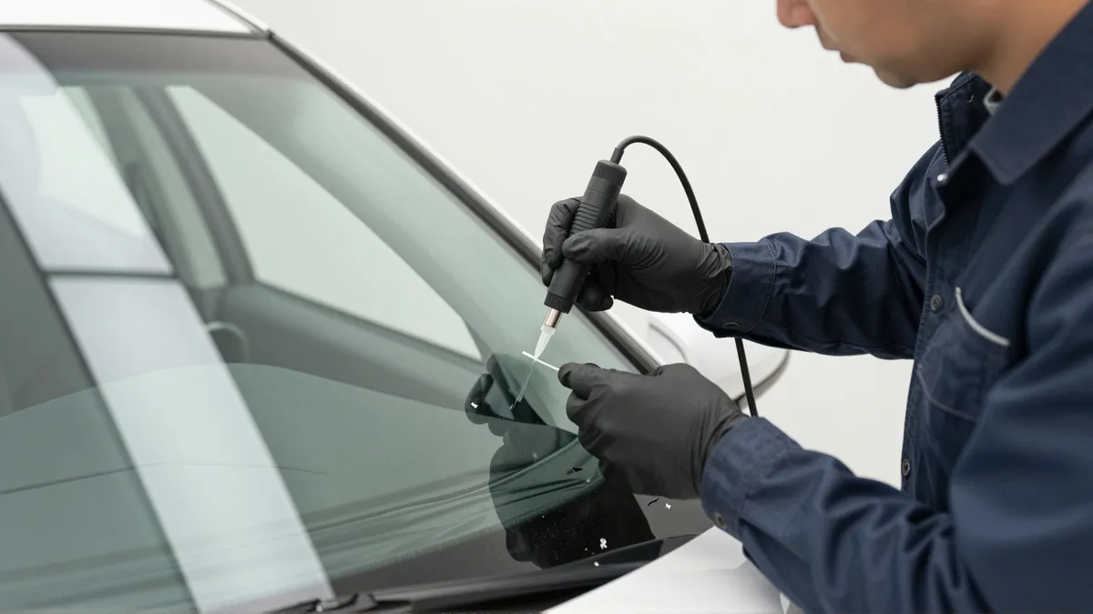 Werkzeuge und Materialien fuer die Autoglasreparatur liegen auf einer Werkbank