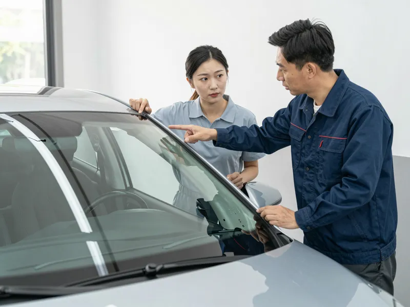 Ein Autoglas-Berater erklaert einem Kunden die Reparatur an einer Autoscheibe