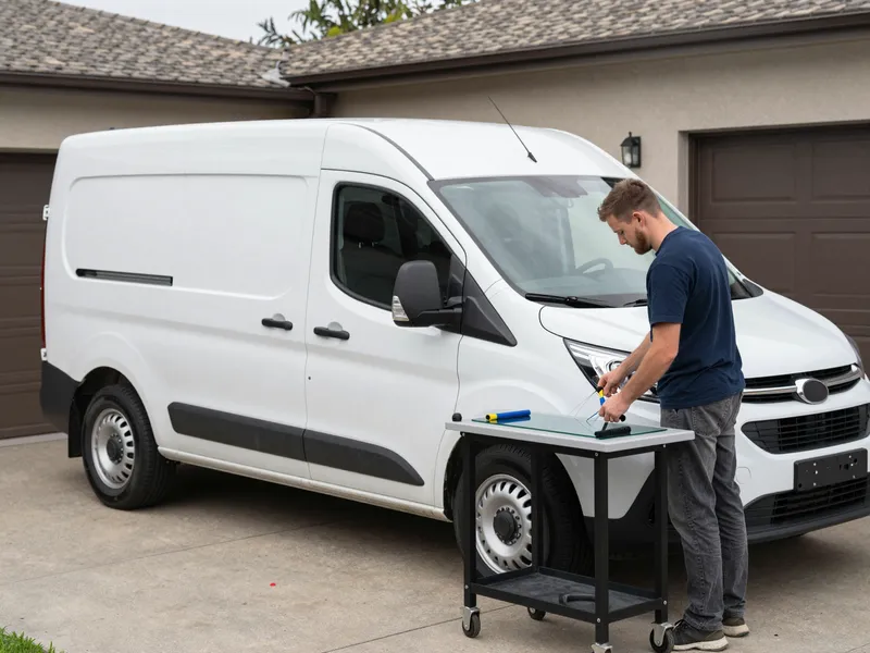 Werkzeuge und Materialien fuer die Autoglasreparatur liegen auf einer Werkbank