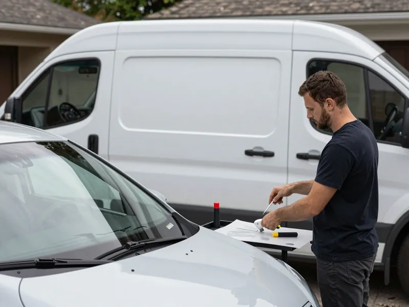 Werkzeuge und Materialien fuer die Autoglasreparatur liegen auf einer Werkbank