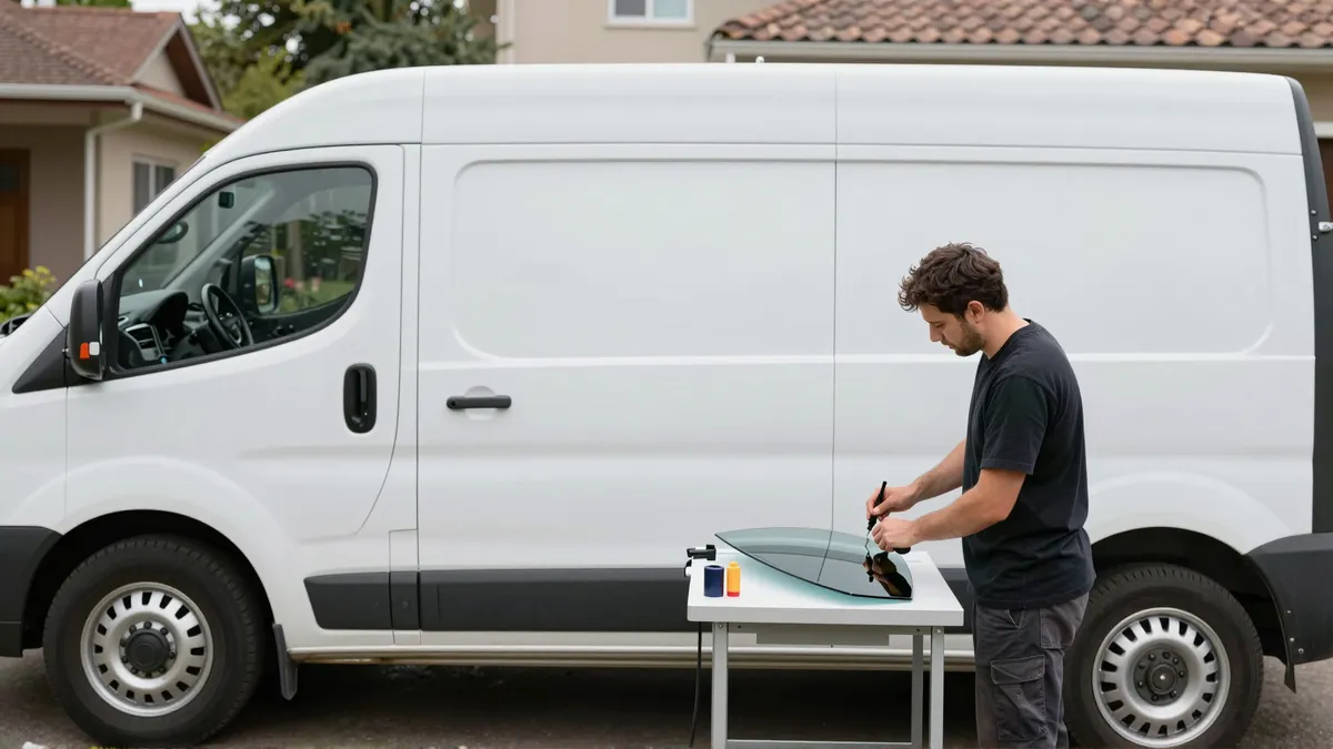 Werkzeuge und Materialien fuer die Autoglasreparatur liegen auf einer Werkbank