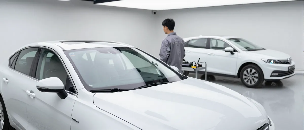 Ein Techniker prüft die neue Windschutzscheibe eines modernen Autos in einer sauberen Werkstatt.