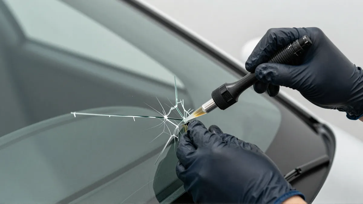 Ein Techniker repariert mit Harz einen kleinen Steinschlag in einer Autoscheibe.
