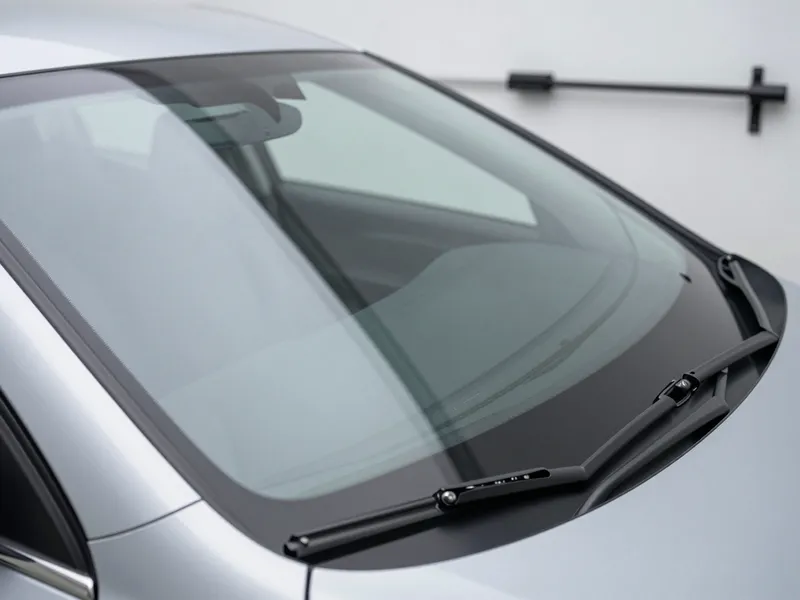 Eine neue Windschutzscheibe mit sauberem Dichtungsprofil ist in einem silbernen Auto montiert.