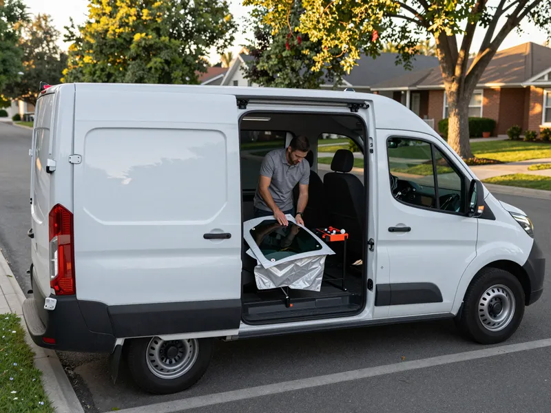 Ein Techniker mit Werkzeugkoffer steht an einem weißen Glaserservice-Van in einer ruhigen Vorstadtstraße.