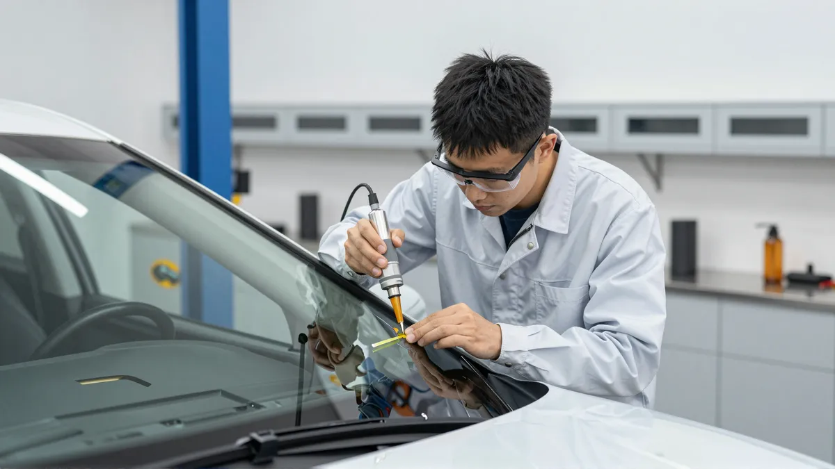 Ein Autoglastechniker repariert konzentriert einen kleinen Riss in einer Windschutzscheibe in einer hellen Werkstatt.