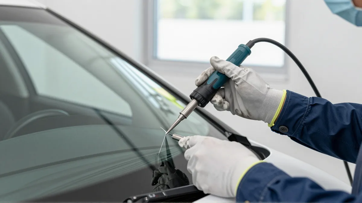 Die behandschuhten Hände eines Technikers reparieren einen Steinschlag in einer Autoscheibe mit Harz.