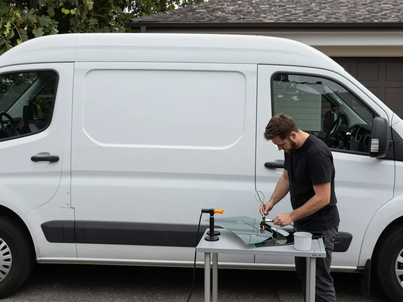 Werkzeuge und Materialien fuer die Autoglasreparatur liegen auf einer Werkbank