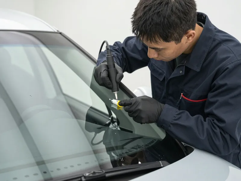 Werkzeuge und Materialien fuer die Autoglasreparatur liegen auf einer Werkbank