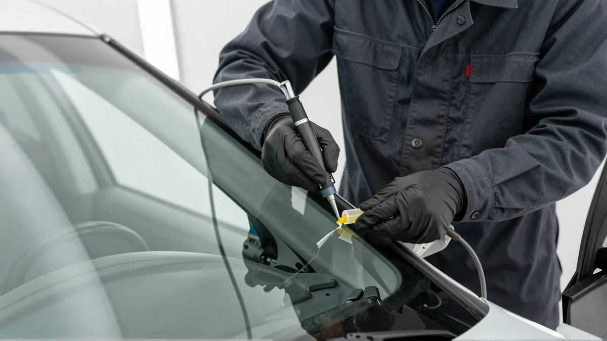 Werkzeuge und Materialien fuer die Autoglasreparatur liegen auf einer Werkbank