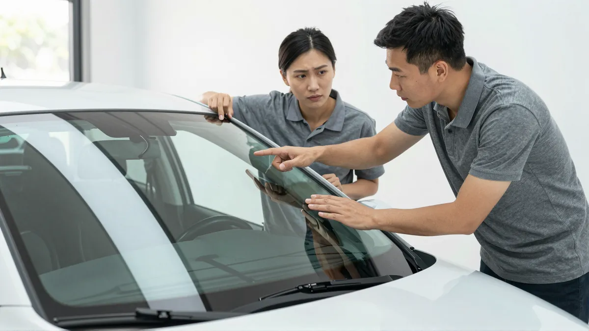 Ein Autoglas-Berater erklaert einem Kunden die Reparatur an einer Autoscheibe